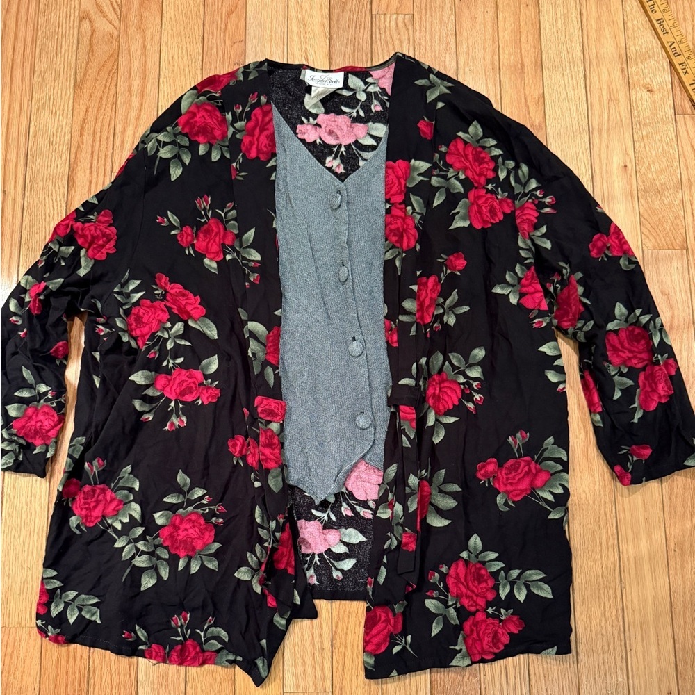 VTG Jessica Scott Black Red Floral Twofer Cardigan Mock Vest grannycore romantic - Picture 6 of 7